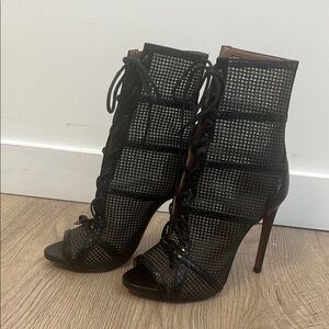 ALAIA SNAKE SKIN MESH OPEN TOE TIE UP BOOTIES